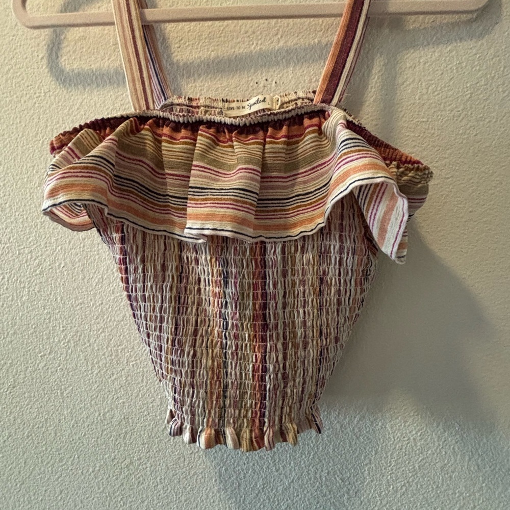 Brown and Tan Smocked Ruffled Crop Tank Top